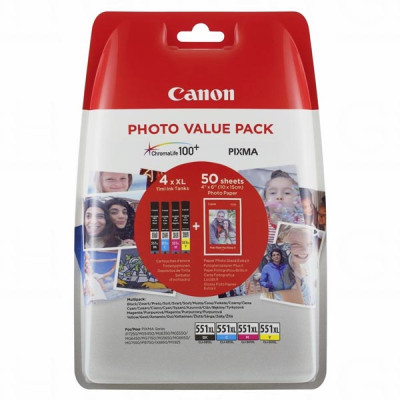 Canon CLI-551XL C/M/Y/BK (6443B006), originální inkoust, CMYK, 4 x 11 ml, 4-pack + 50x PP-201
