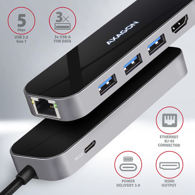 AXAGON HMC-6GL, USB 3.2 Gen 1 hub, porty 3x USB-A, HDMI 4k/30Hz, RJ-45 GLAN, PD 100W, kabel USB-C 20cm