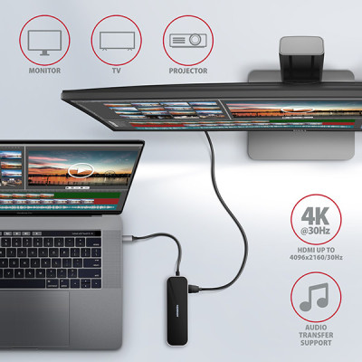 AXAGON HMC-6GL, USB 3.2 Gen 1 hub, porty 3x USB-A, HDMI 4k/30Hz, RJ-45 GLAN, PD 100W, kabel USB-C 20cm
